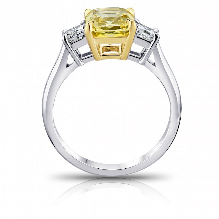 3.14 Carat Rectangular Modified Brilliant Yellow Sapphire and Platinum Diamond Ring