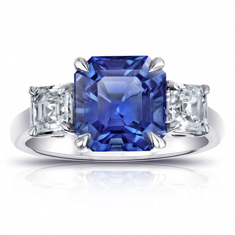 3.12 Carat Emerald Cut Bluish Green Sapphire and Diamond Ring