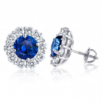 5.90 Carat Round Blue Sapphire and Diamond Platinum Earrings