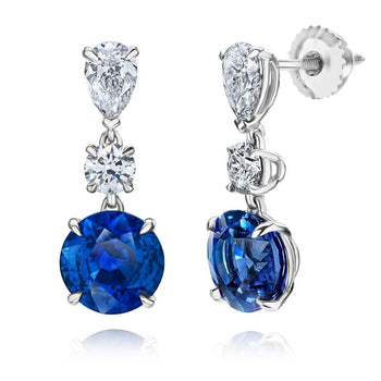 6.40 Carat Round Blue Sapphire and Diamond Platinum Earrings