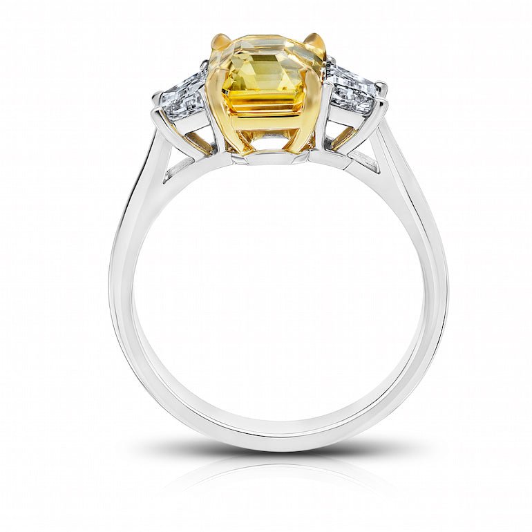 3.07 Carat Emerald Yellow Sapphire and Diamond Platinum Ring