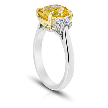 4.12 Carat Cushion Yellow Sapphire and Diamond Platinum Ring