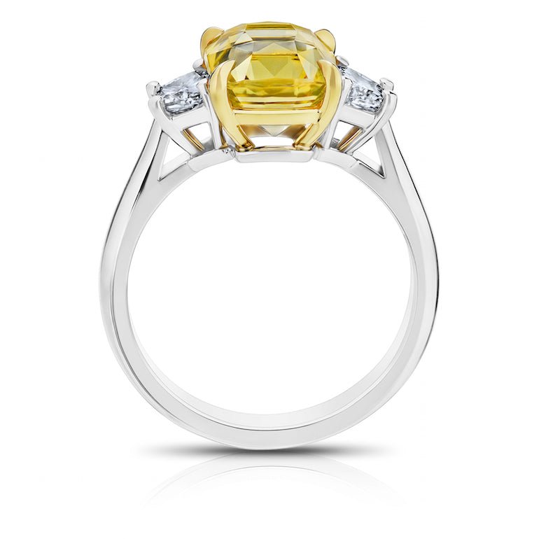 4.12 Carat Cushion Yellow Sapphire and Diamond Platinum Ring