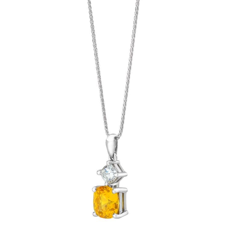 2.32 Carat Cushion Yellow Sapphire and Diamond Platinum Pendant