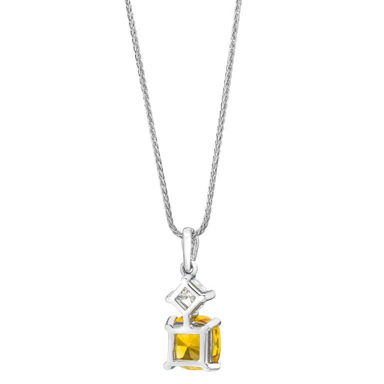 2.32 Carat Cushion Yellow Sapphire and Diamond Platinum Pendant