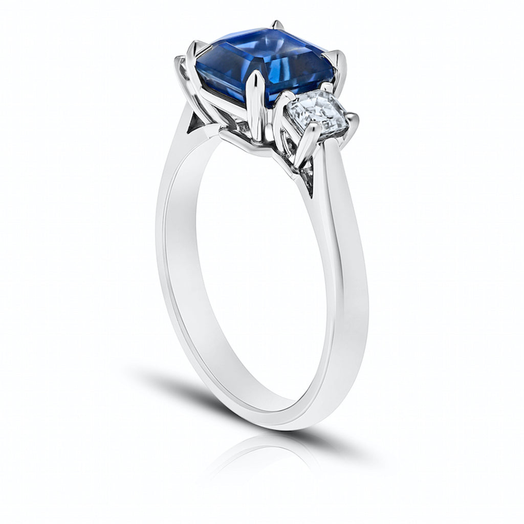 2.96 Carat Square Emerald Cut Sapphire and Diamond Platinum Ring