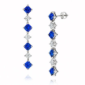 3.11 Carat Square Emerald Blue Sapphire and Diamond Platinum Earrings