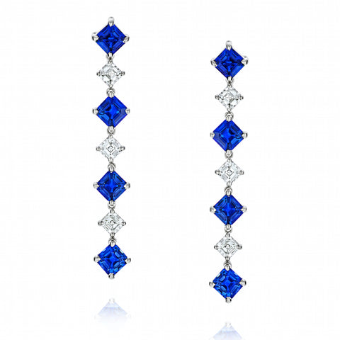 Blue Cushion Sapphire and Diamond Drop Earrings