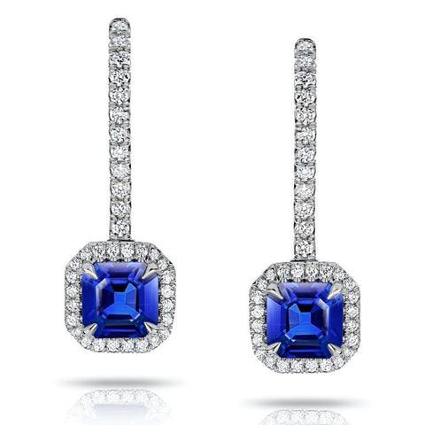 Blue Cushion Sapphire and Diamond Drop Earrings