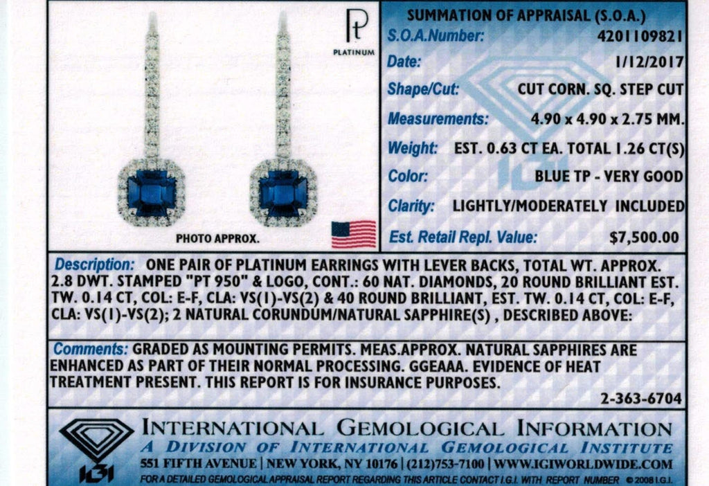 1.26 Carat Square Emerald Blue Sapphire and Diamond Platinum Earrings