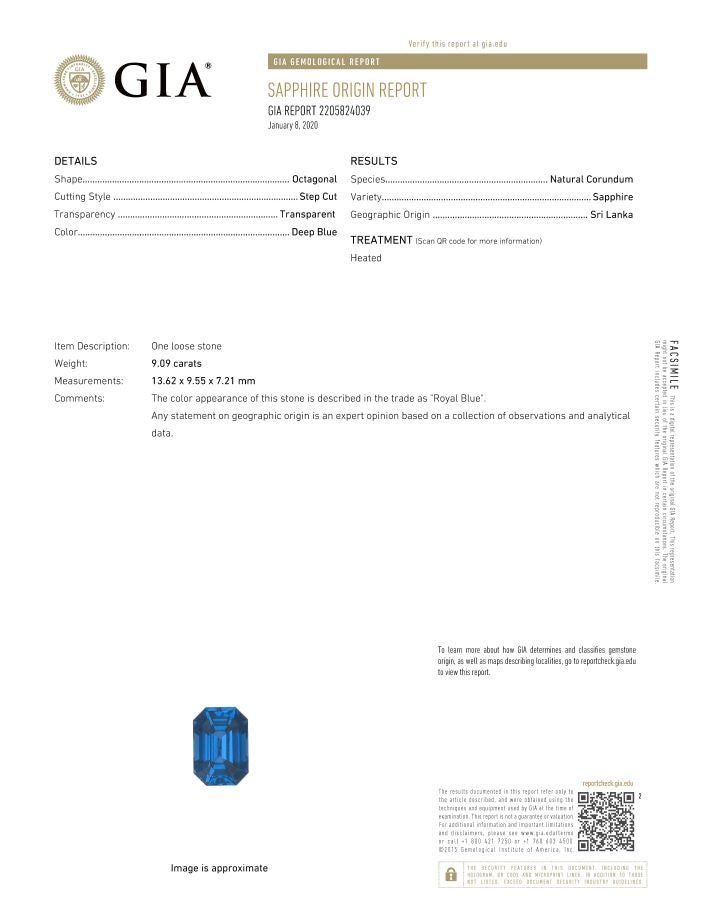 9.09 carat Emerald Cut Blue Sapphire (H) and Diamond Platinum ring