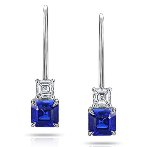 3.90 carat Asscher Blue Sapphire and Diamond Earrings