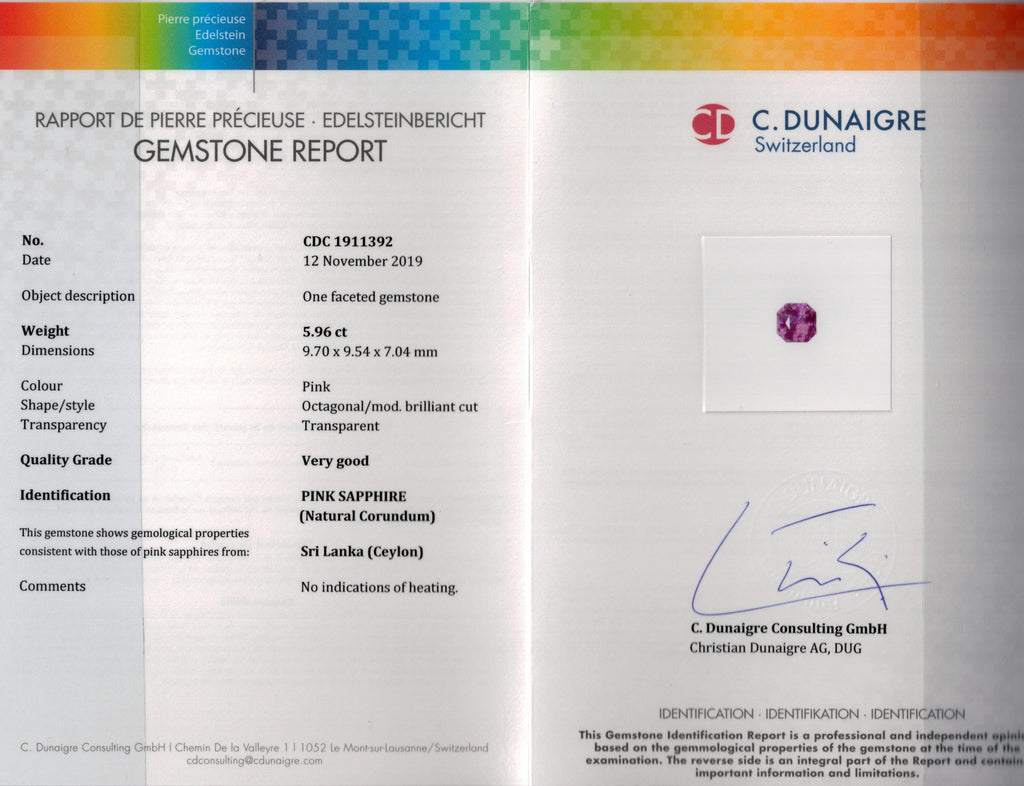5.96 Carat Radiant Cut Pink Sapphire and Diamond Ring