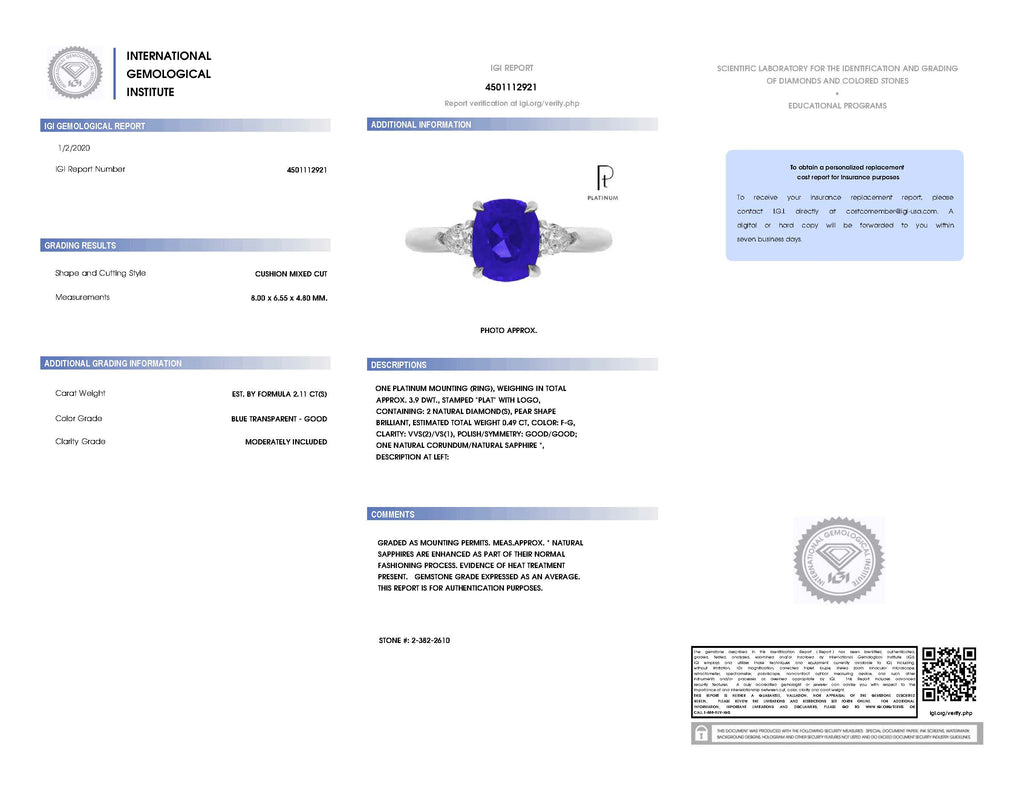 2.11 Carat Cushion Blue Sapphire and Diamond Ring