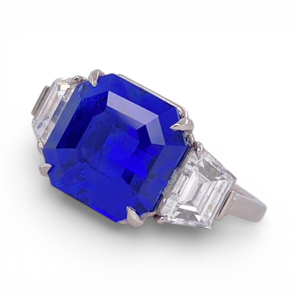 11.08 Carat Square Emerald Blue Sapphire and Diamond Platinum Ring