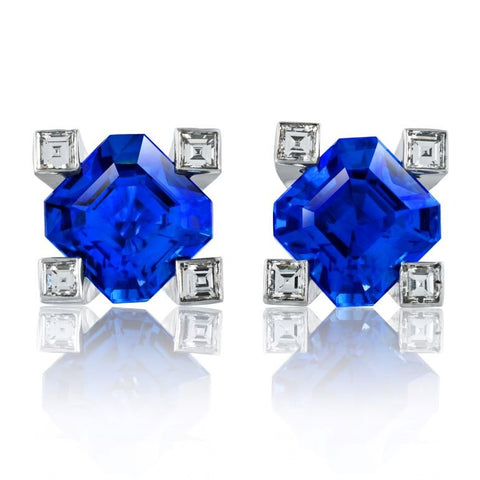 11.91 carat Asscher Blue Sapphire (H) and Diamond Platinum Earrings