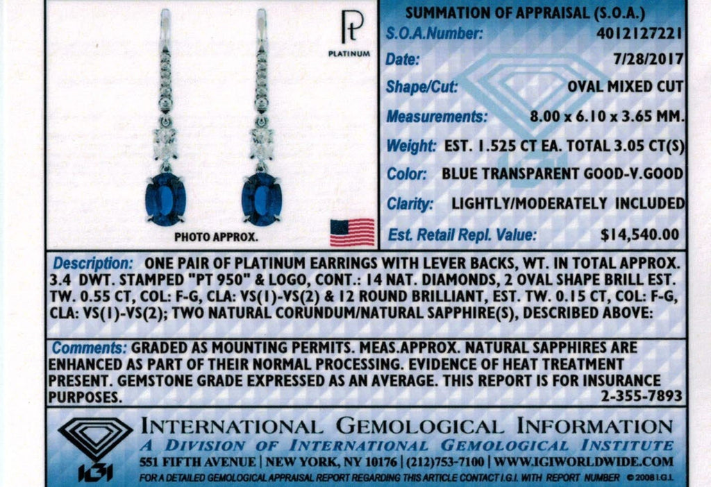 3.05 Carat Oval Blue Sapphire and Platinum Diamond Earrings