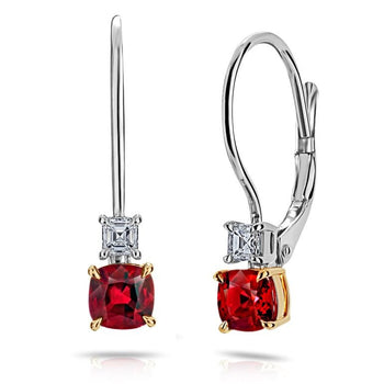 1.12 Carat Cushion Red Ruby and Diamond Platinum Earrings