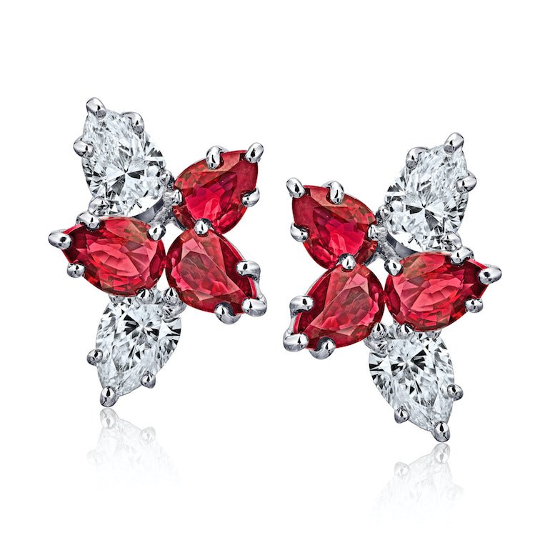 2.59 Carat Pear Red Ruby and Diamond Platinum Earrings