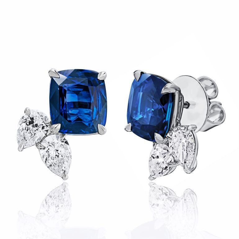 7.56 carat Cushion Blue Sapphire (H) and Diamond Platinum Earrings