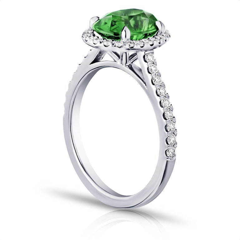 3.02 Carat Oval Green Tsavorite and Diamond Platinum Ring