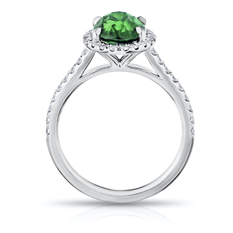 3.02 Carat Oval Green Tsavorite and Diamond Platinum Ring