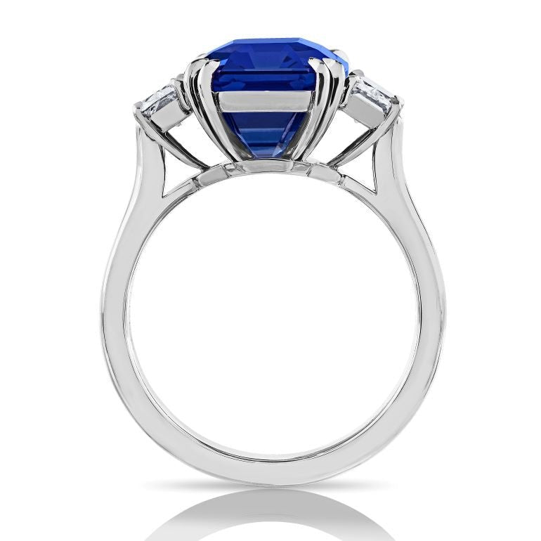 9.09 carat Emerald Cut Blue Sapphire (H) and Diamond Platinum ring