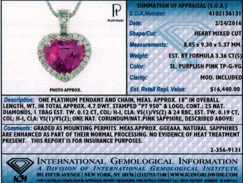 3.36 Carat Heart Pink Sapphire and Diamond Platinum Pendant