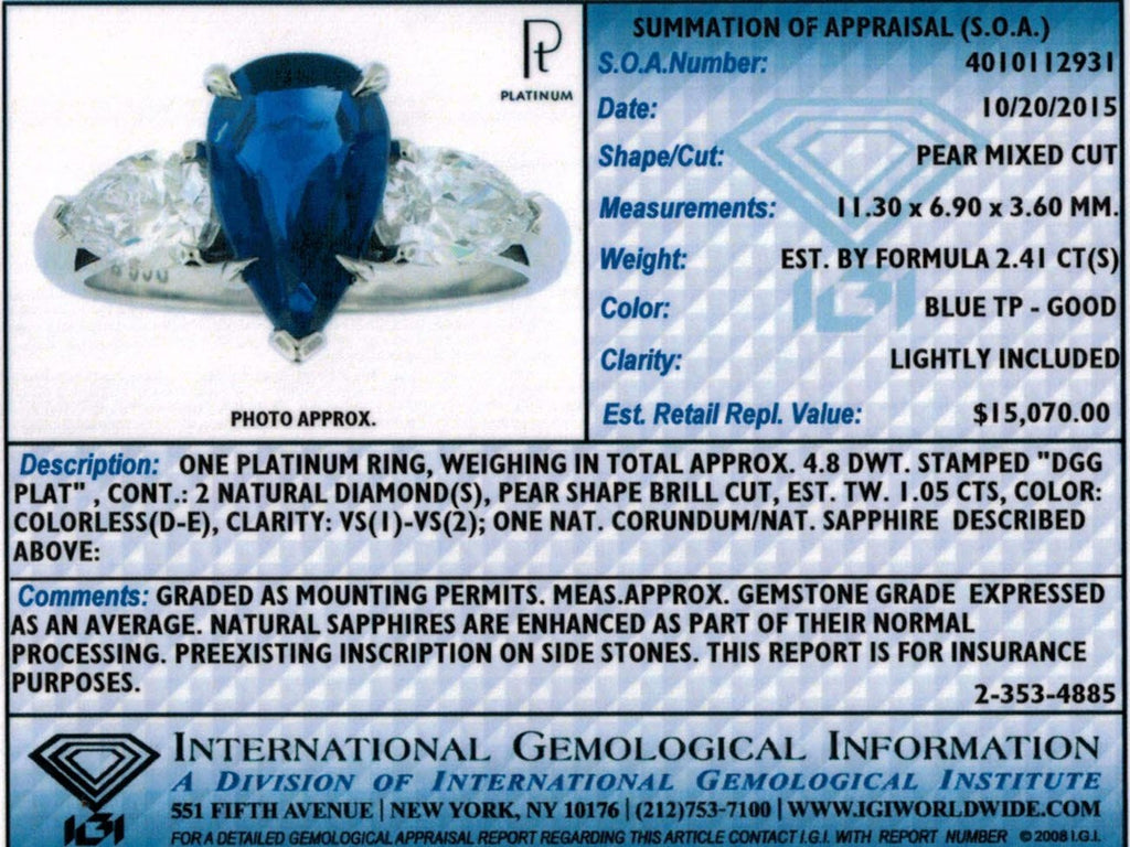 2.41 Carat Pear Blue Sapphire and a Platinum Diamond Ring