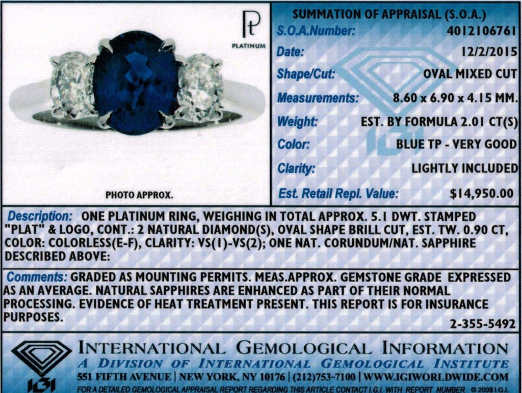 2.01 Carat Oval Blue Sapphire and Diamond Platinum Ring