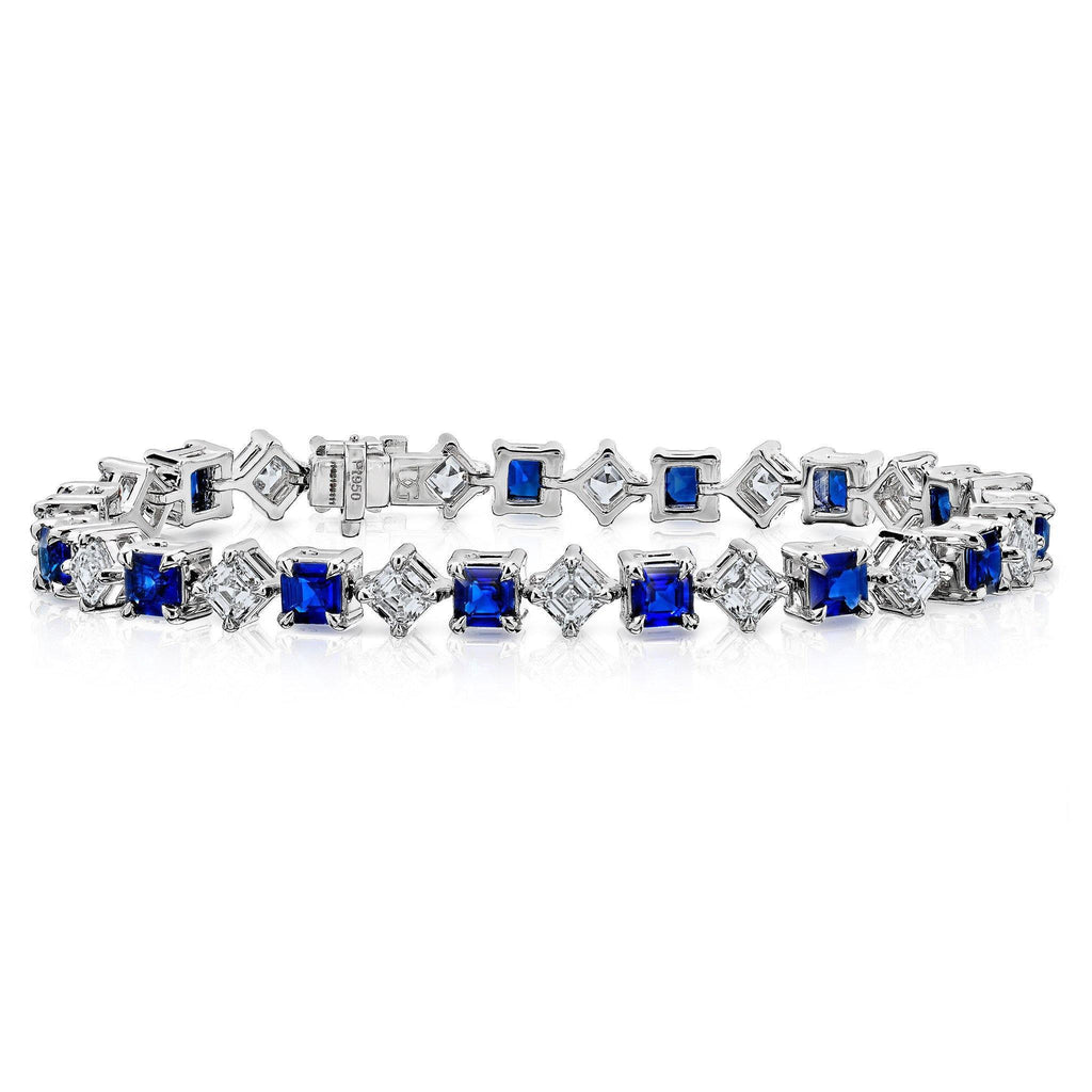 8.36 Blue Asscher Cut Sapphire and Diamond Platinum Bracelet - David Gross Group