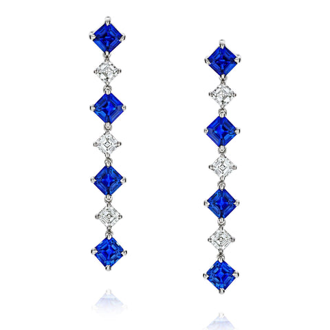 2.12 Carat Blue Ascher Cut Sapphire and Diamond Earrings