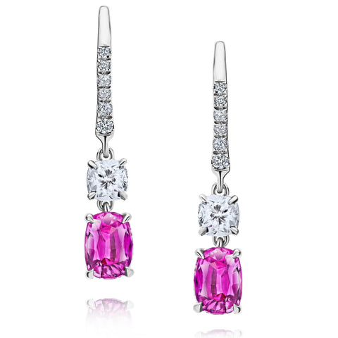 1.98 Carat Emerald Cut Pink Sapphire and Diamond Earrings