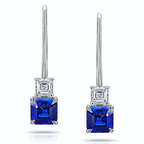 1.31 Carat Blue Asscher Cut Sapphire and Diamond Earrings