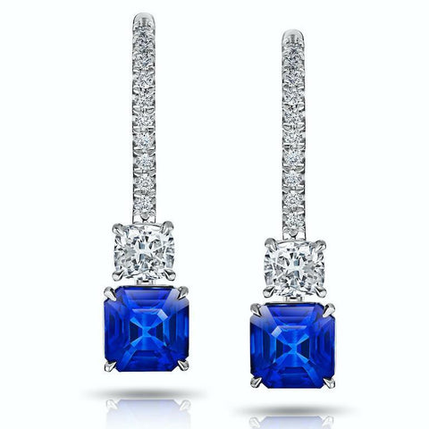 3.46 Carat Round Blue Sapphire and Diamond Halo Platinum Earrings