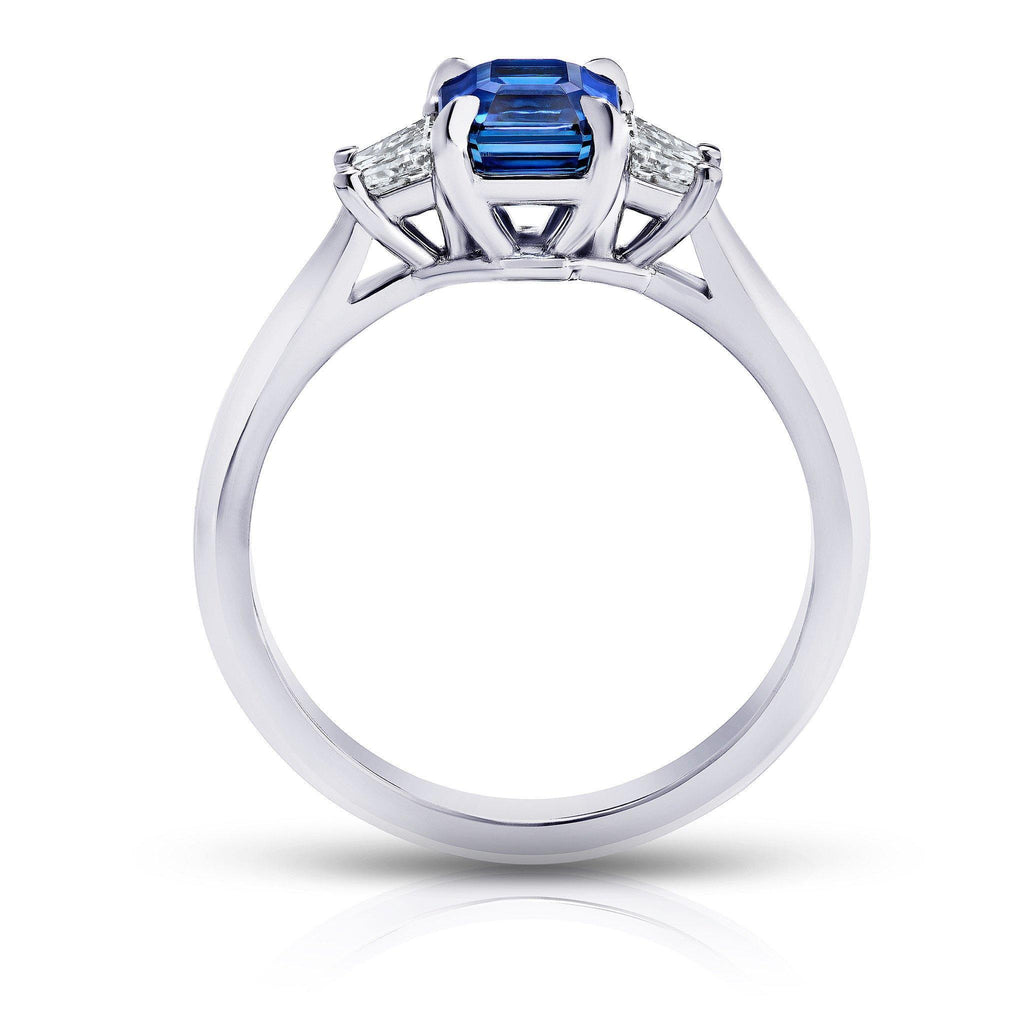 1.31 CARAT SQUARE EMERALD CUT BLUE SAPPHIRE AND TRAPAZOID DIAMOND RING - David Gross Group