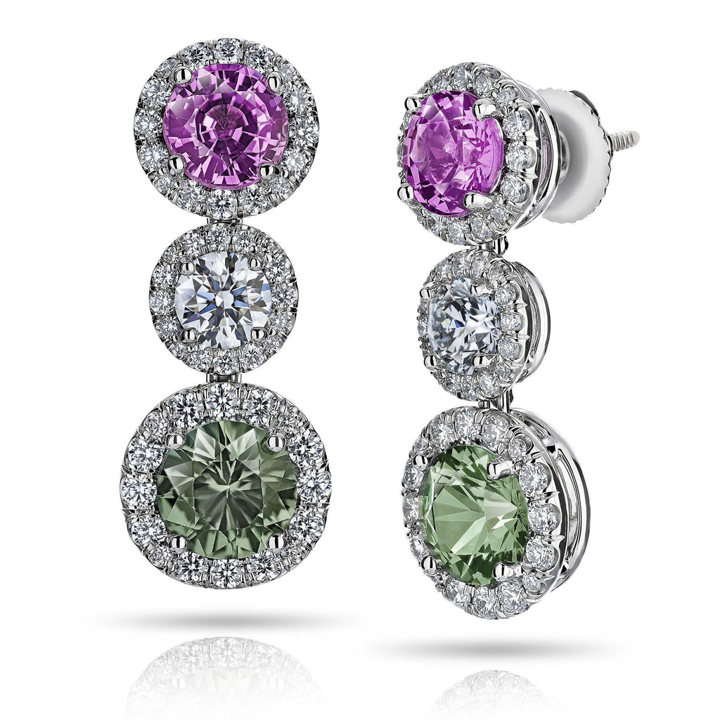 Green and Pink Sapphire Diamond Drop Earrings - David Gross Group