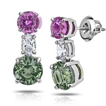 3.13 Carat Green and Pink Round Sapphire and Diamond Earrings - David Gross Group