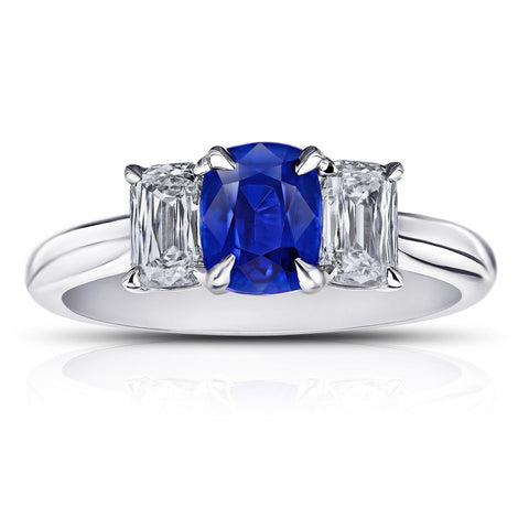 1.76 Carat Emerald Cut Blue Sapphire and Diamond Ring