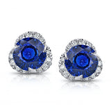 3.46 Carat Round Blue Sapphire and Diamond Halo Platinum Earrings - David Gross Group