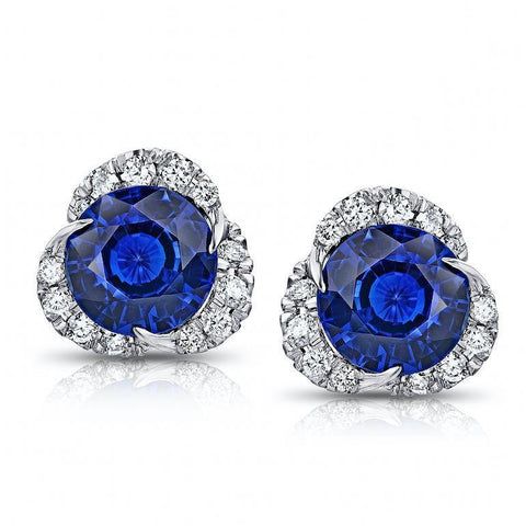 2.10 Carat Round Blue Sapphire and Diamond Halo Platinum  Earrings