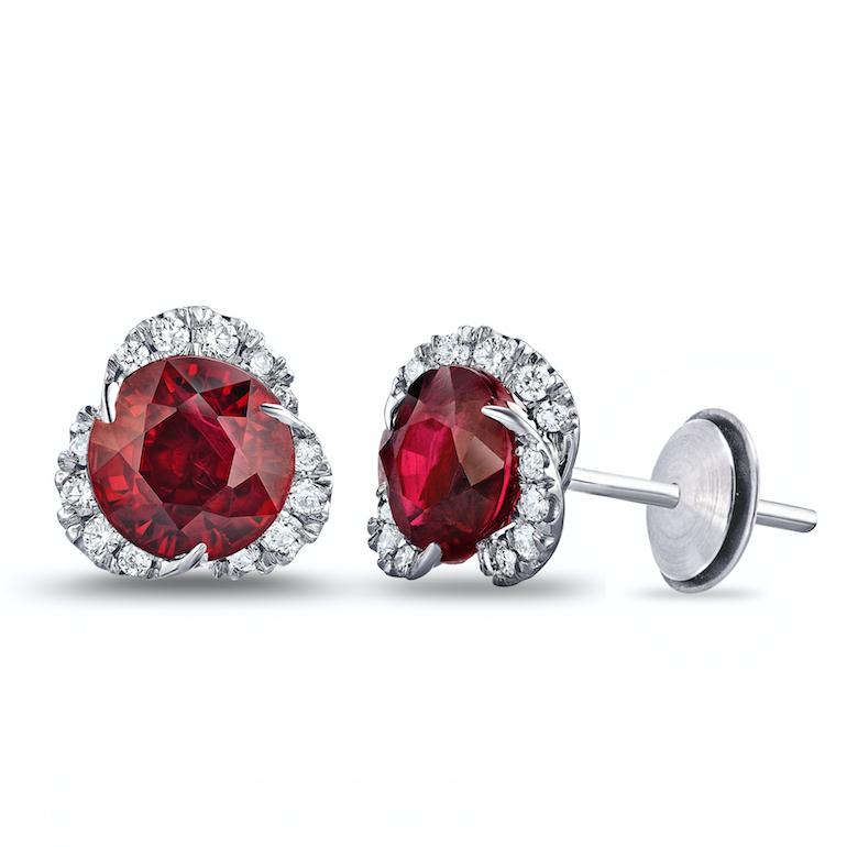 2.92 Carat Round Ruby and Diamond Halo Platinum Earrings - David Gross Group