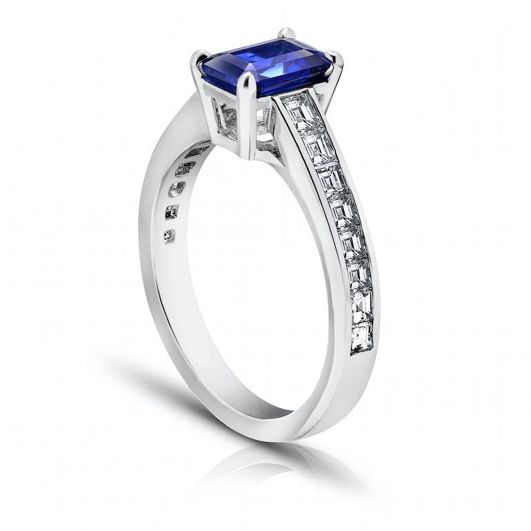 1.50 Carat Emerald Cut Blue Sapphire and Diamond Platinum Ring - David Gross Group
