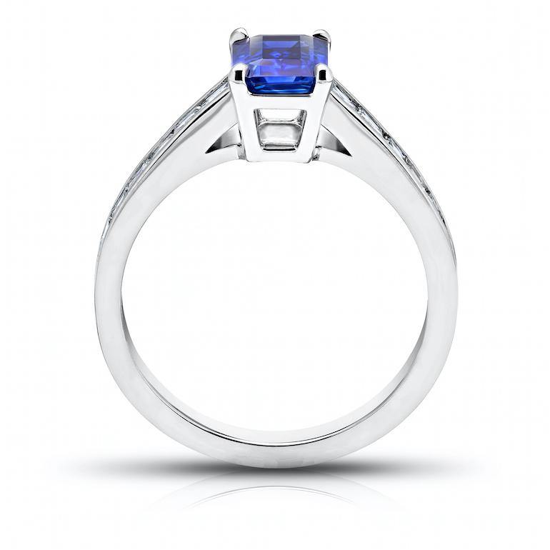 1.50 Carat Emerald Cut Blue Sapphire and Diamond Platinum Ring - David Gross Group