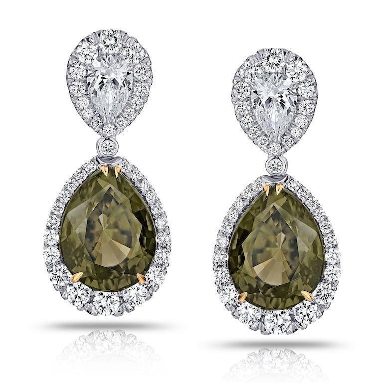 Pear Shape Green Sapphire and Diamond Platinum Drop Earrings - David Gross Group
