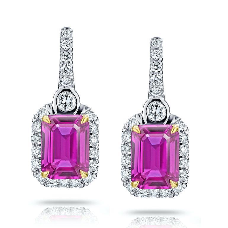 2.76 Carat Pink Sapphire and Diamond Halo Drop Earrings - David Gross Group