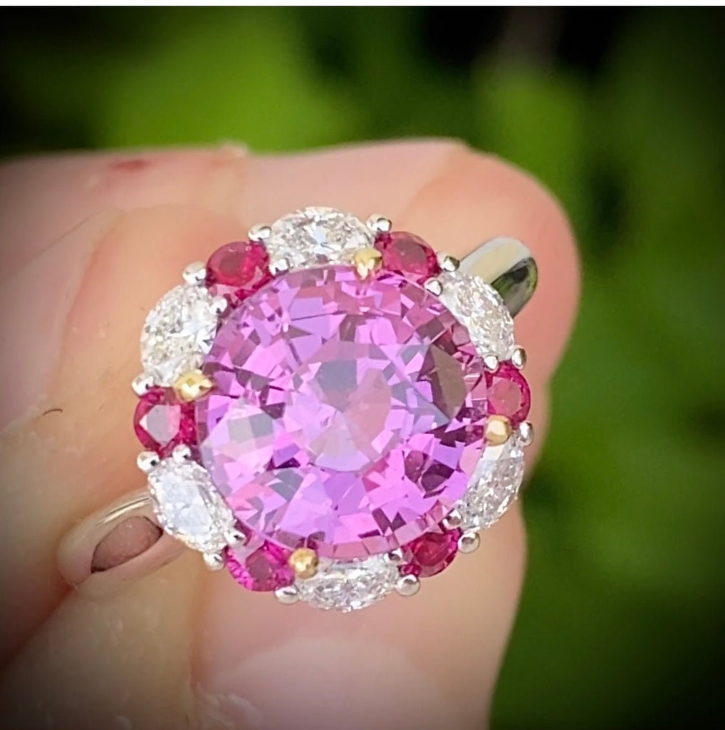 4.04 Carat Round Pink Sapphire Ruby and Diamond Ring - David Gross Group