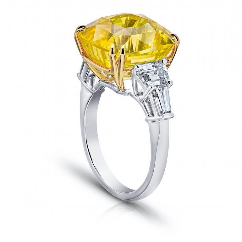 19.25 Carat Cushion Yellow Sapphire and Diamond Platinum Ring - David Gross Group