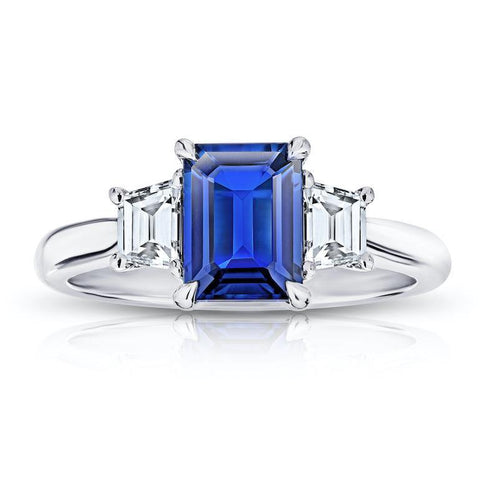 1.76 Carat Emerald Cut Blue Sapphire and Diamond Ring