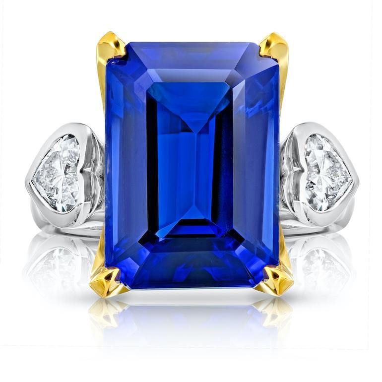 13.97 Carat Emerald Cut Blue Tanzanite and Diamond Ring - David Gross Group